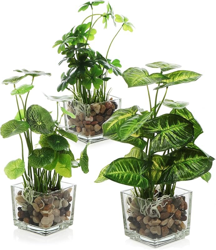 MyGift Set of 3 Small Artificial Plants in Clear Glass Pots - 9.5 Inch