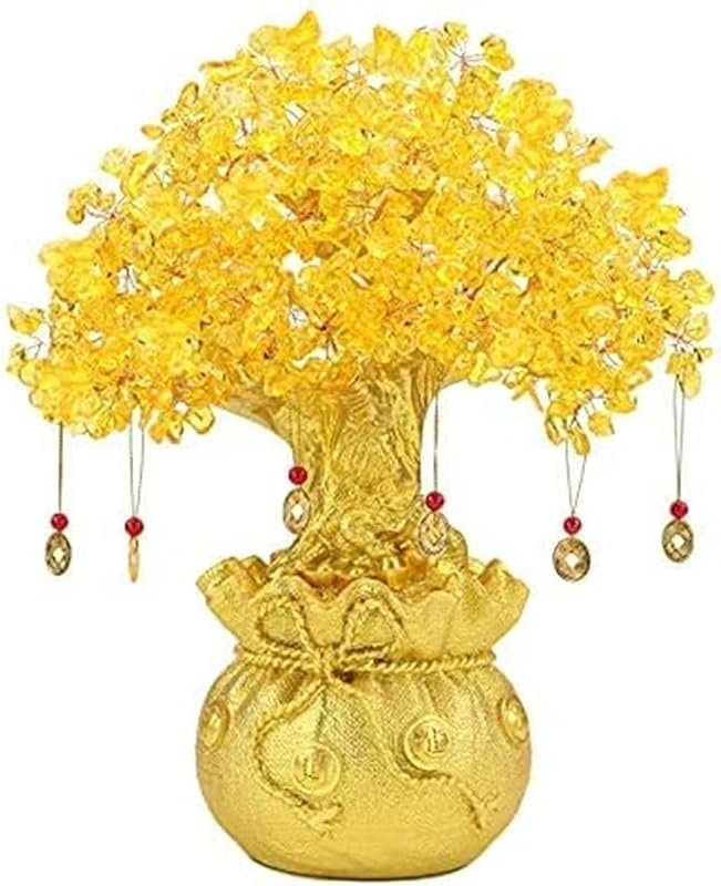 Feng Shui Citrine Money Tree with Chinese Dragon Pots for Wealth and L