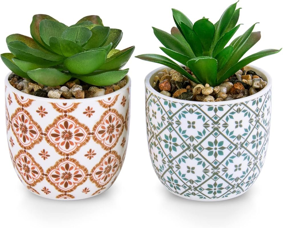 2-Pack Artificial Succulent Flowers in Ceramic Planters for Home Offic