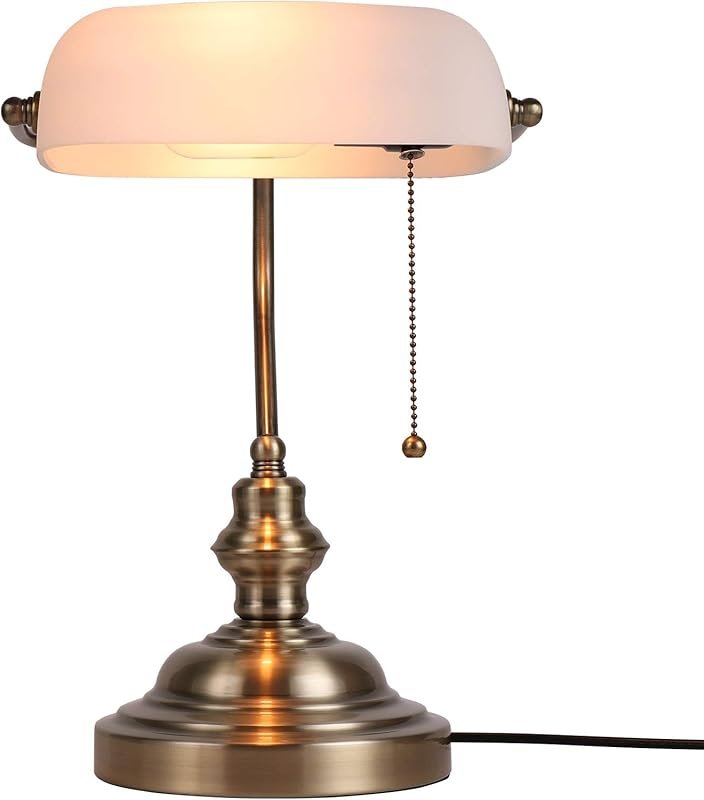 Newrays Glass Bankers Desk Lamp – Satin Brass Finish with Pull Chain S