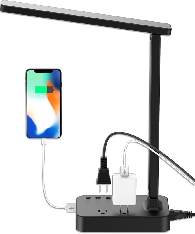 Drevet LED Desk Lamp: 1 USB, 2 AC Outlets, 3 Modes, Touch, Eye-Caring 