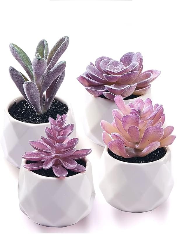 CADNLY 4-Pack Fake Succulents with Ceramic Pots: Mini Purple Plants fo