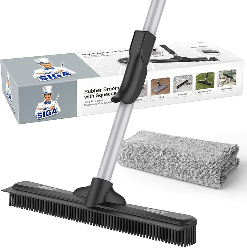 MR.SIGA 3-in-1 Rubber Broom with Squeegee, 61-Inch Adjustable Handle a