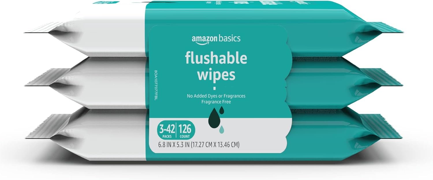 Amazon Basics Adult Wet Wipes – Flushable, Fragrance Free, 126 Count (