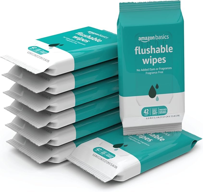 Amazon Basics Flushable Adult Toilet Wipes, Fragrance Free, 42 Count P