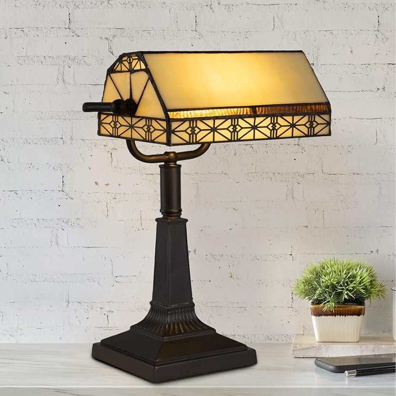 Lavish Home Tiffany-Style Bankers Lamp with Stained Glass Shade – Vint