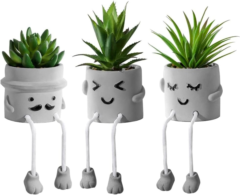 Zerzsy 3-Piece Artificial Succulents with Gray Flower Pots: Mini Plant