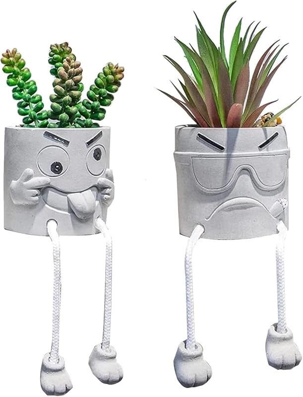 Set of 2 Funny Cement Fake Succulents with Hanging Legs - Mini Artific