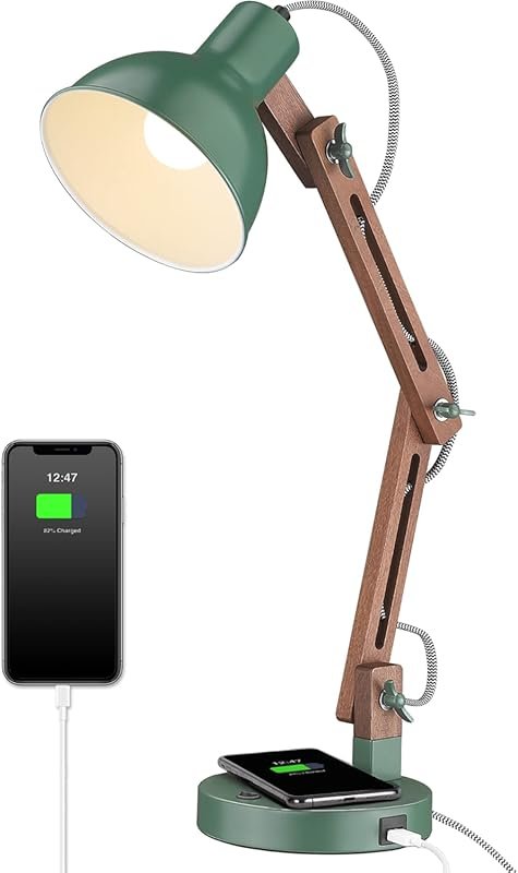 Vintage Green ELYONA LED Desk Lamp: Wireless Charger, USB-C, Sapele Wo