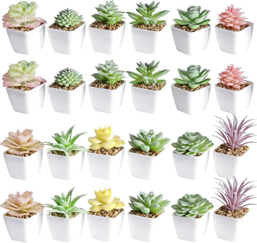 Tiita 24-Set Artificial Faux Succulents in Pots - Small Mini Plastic P