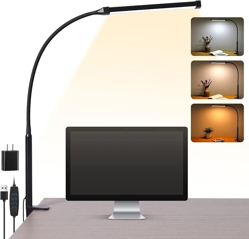 LED Desk Lamp with Clamp - Eye-Caring Clip on Light, 3 Modes 10 Bright