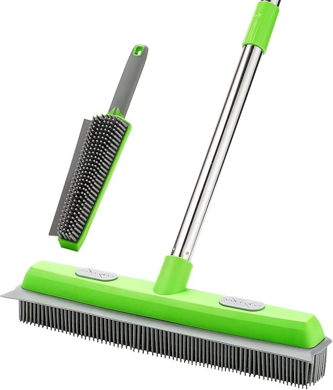 57-Inch Rubber Broom with Squeegee – Pet Hair Remover and Fur Rake for