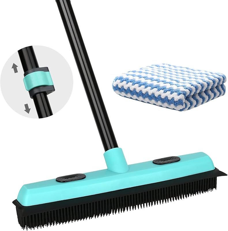 Rubber Broom Carpet Rake for Pet Hair Removal, 59-Inch Telescoping Han