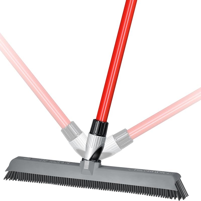 2-in-1 Rubber Broom with Squeegee, Swivel, Long Handle, Slanted Bristl