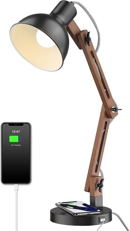 Black ELYONA LED Desk Lamp: Wireless Charger, USB-C, Sapele Wood Swing