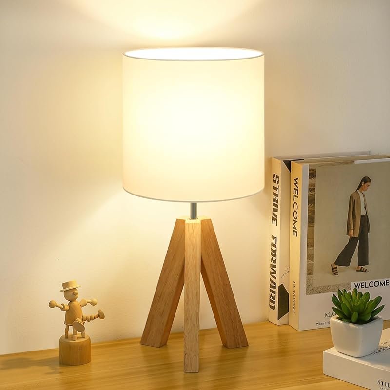 Small Wood Tripod Table Lamp with White Fabric Shade, Boho Minimalist 