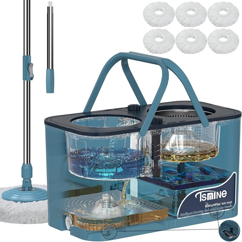 Spin Mop with 4-Chamber System for Large Homes, Clean/Dirty Water Sepa