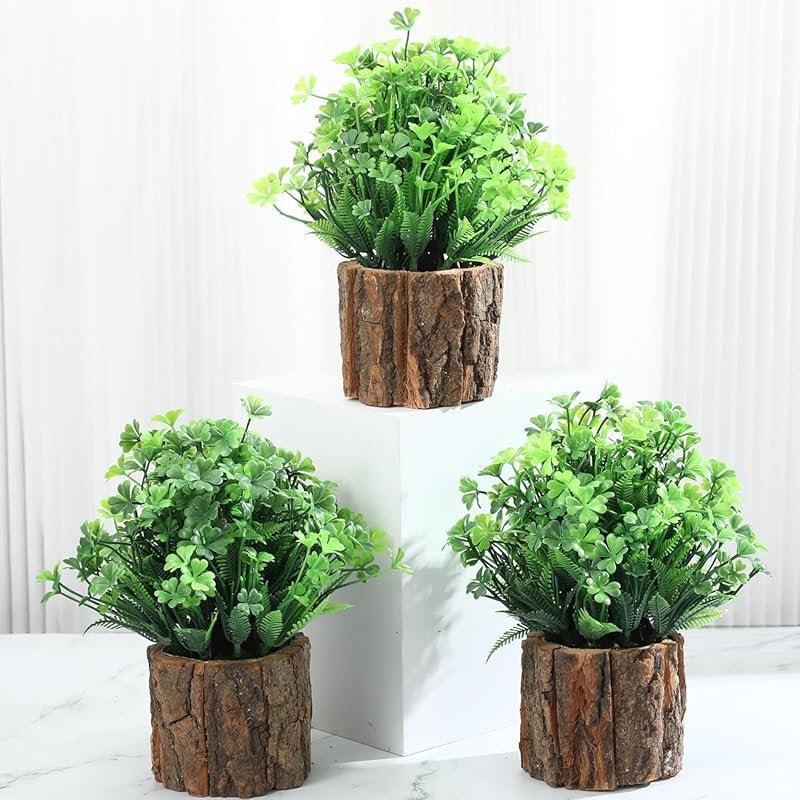 Hotop 3-Piece Fake Four Leaf Clover Plants - Artificial Shamrock Potted