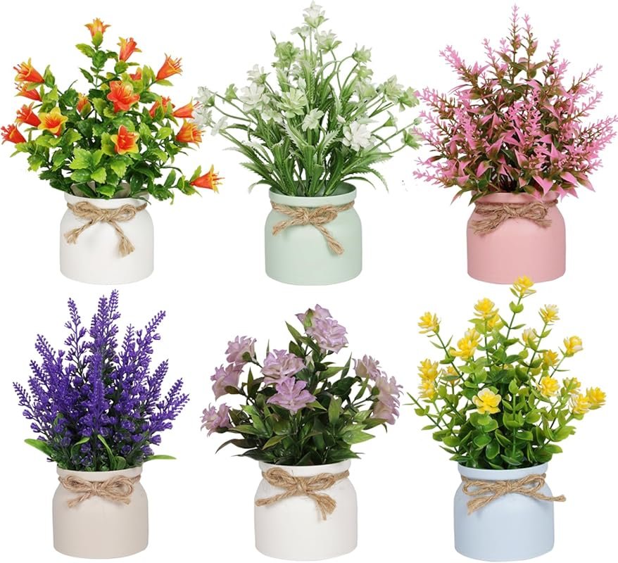 6pcs Artificial Pot Flowers - Small Fake Plants Mini Potted Plants for