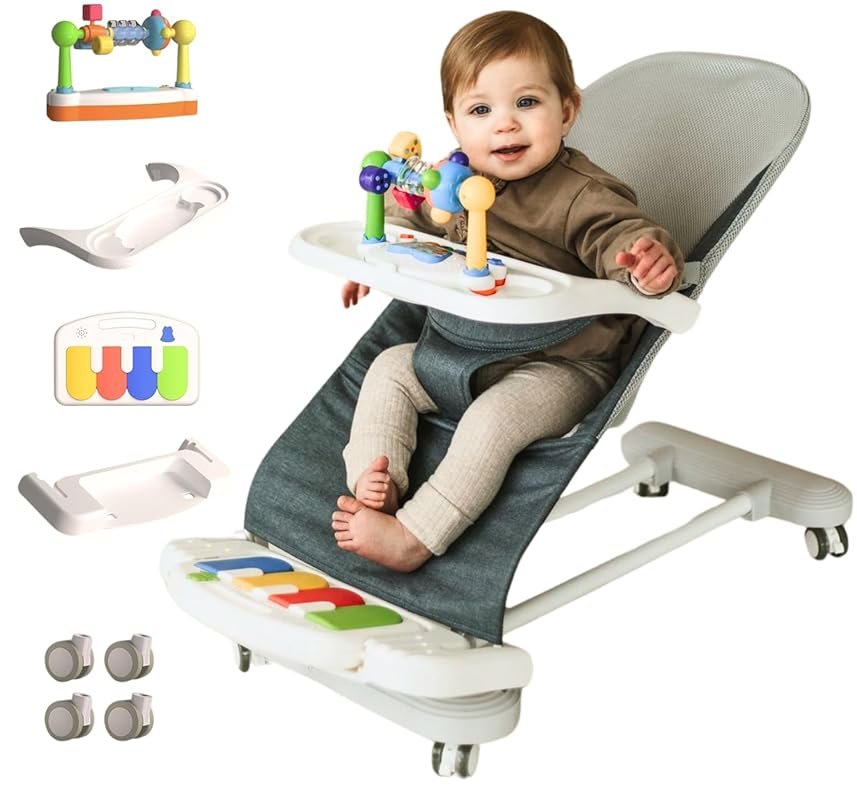 CuddoBaby 4-in-1 Wheeled Baby Bouncer with Detachable Piano, Feeding T