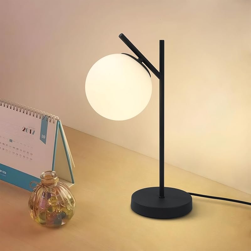 Mid Century Modern Table Lamp with Contemporary White Glass Globe, Met