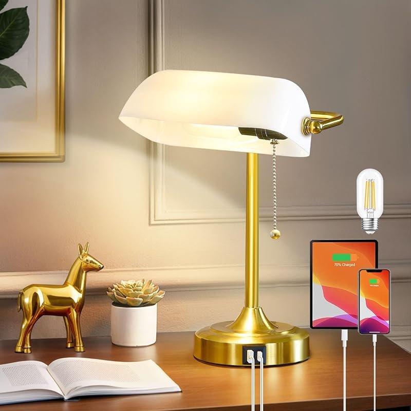 Vintage Bankers Desk Lamp USB C Charging Pull Chain Retro Home Office 