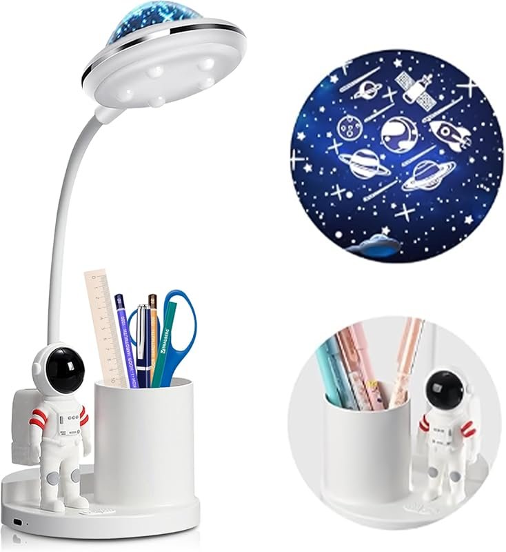 Astronaut Space Rocket Desk Lamp for Kids with Pen Holder, Step-Less D