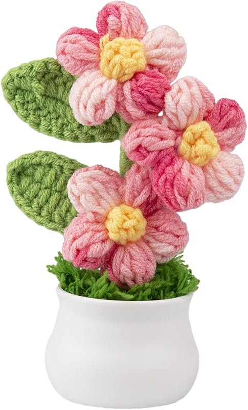 Handmade Gradient Knitting Crochet Puff Flowers Potted Plants for Home