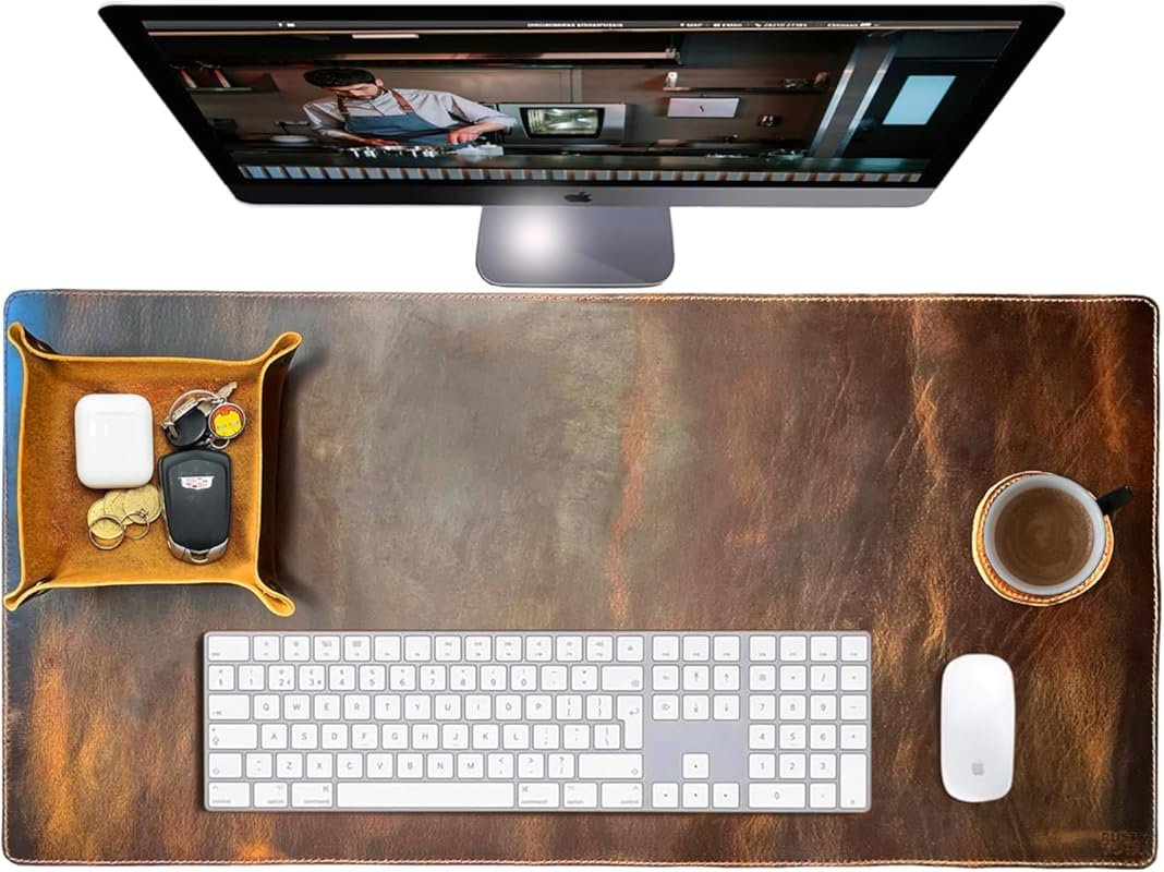 Full Grain Large Leather Desk Pad 32x16 - Anti-Slip Protector for Keyb