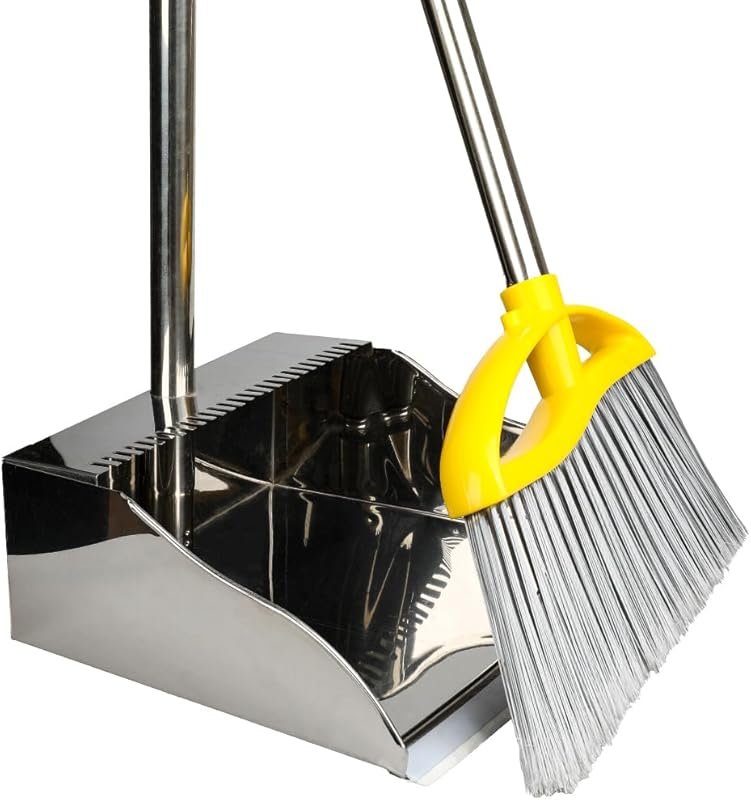 Stainless Steel Dustpan and Broom with Outdoor Stiff Bristles and Long