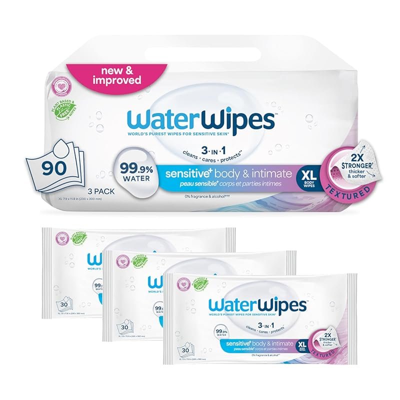 WaterWipes Sensitive+ Body & Intimate Wipes, 99.9% Water, Unscented Hy