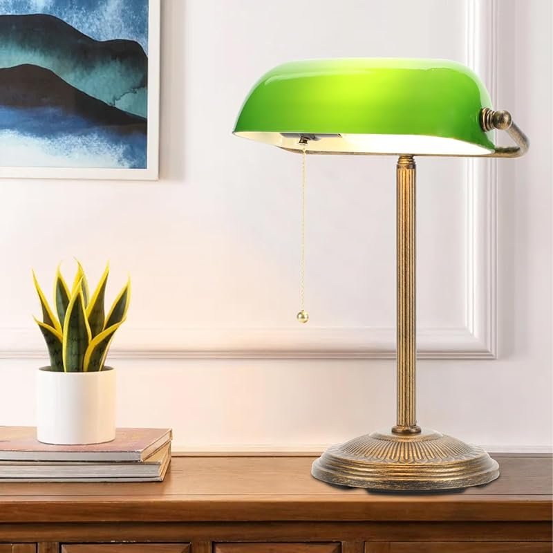 NISSAFORS Vintage Green Glass Bankers Desk Lamp with Pull Chain Switch