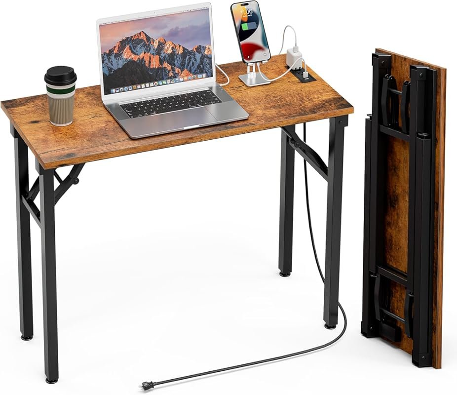 TEMI folding desk no assembly, compact 35.8-inch power outlets USB cha