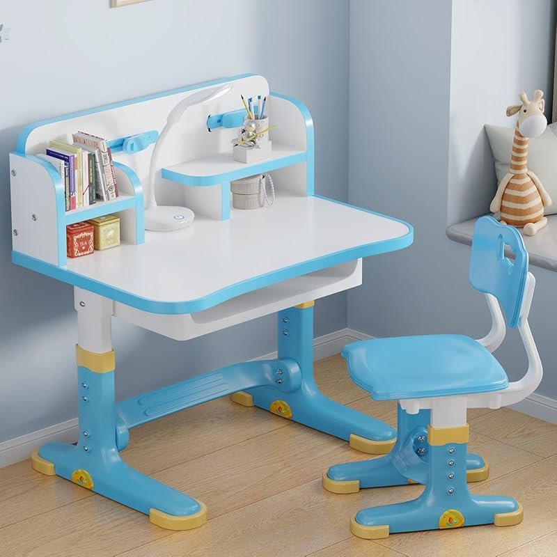 Height adjustable kids desk and chair set with bookstand, storage draw