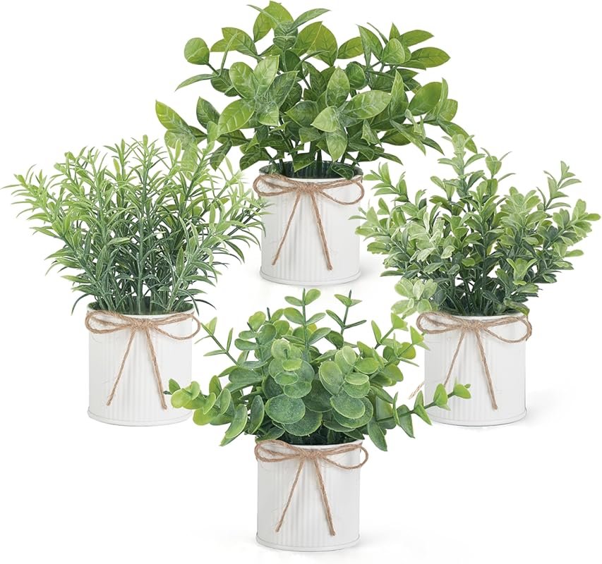 Mkono 4-Piece Mini Faux Eucalyptus in Galvanized Farmhouse Pots for Ru
