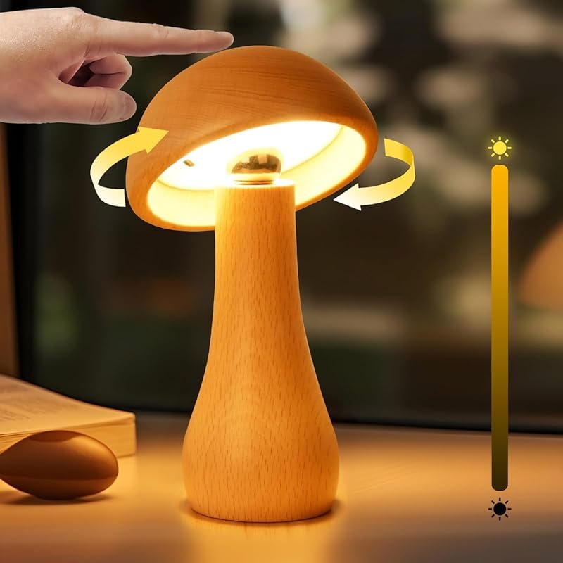 Wooden Mushroom Lamp with Touch Switch - Cordless Rechargeable Night L