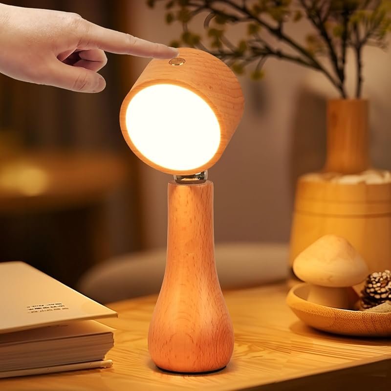 Wooden Bedside Lamp: Touch Switch, Cordless Rechargeable, Stepless Dim