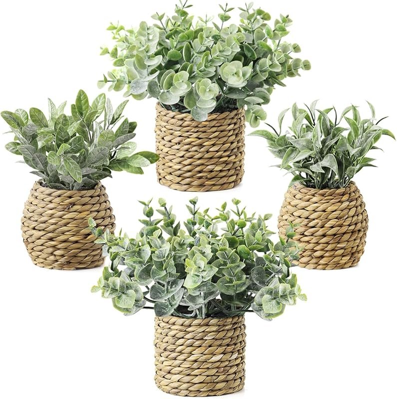 Small Artificial Eucalyptus Plants with Seagrass Handwoven Planters - 