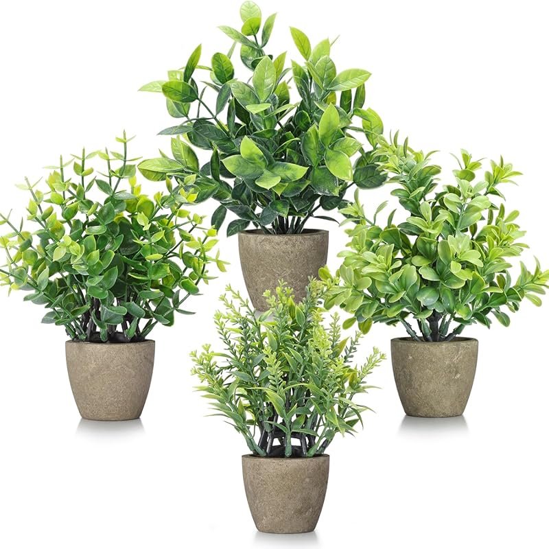4 Pack Ceramic Mini Artificial Greenery Potted Plants - Fake Plant Dec