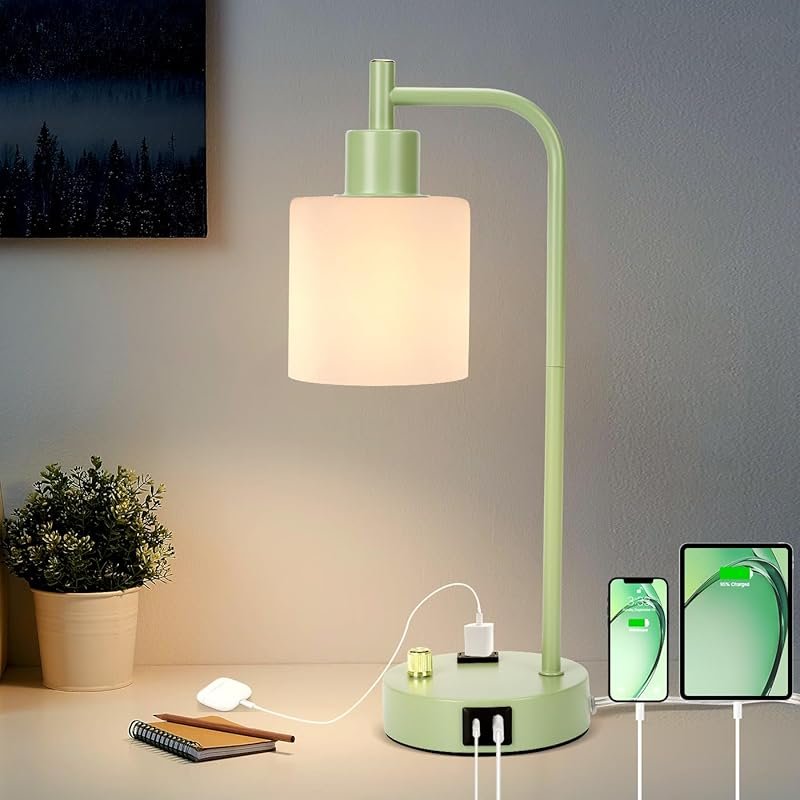 GLITI Industrial Table Lamp: Stepless Dimming, Gold, 2 USB, AC Outlet,