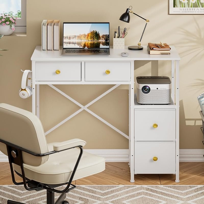 Small computer desk with 4 fabric drawers, compact for small spaces, w