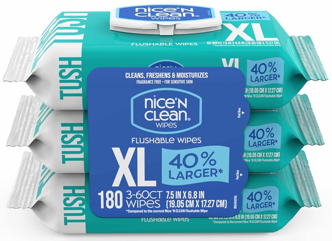 Nice 'N CLEAN Extra Large Flushable Wipes, 6.8x7.5, Unscented Adult Wi
