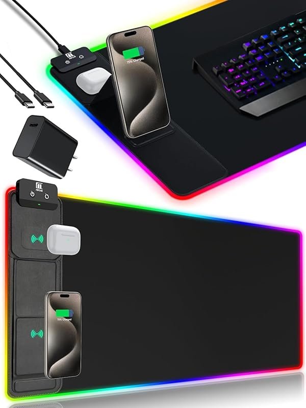 XXL RGB Gaming Mouse Pad with Phone Holder, 15W Wireless Charging, 11 