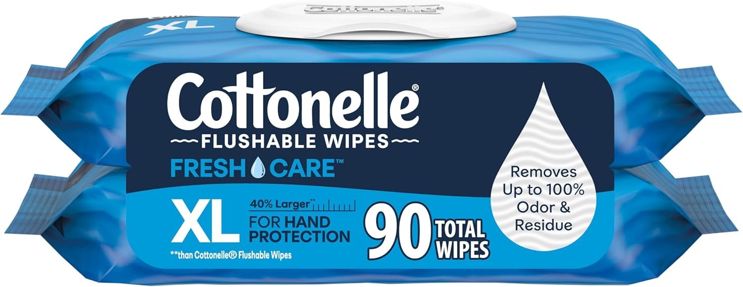 Cottonelle XL Flushable Wet Wipes, Adult Large, 2 Flip-Top Packs with 