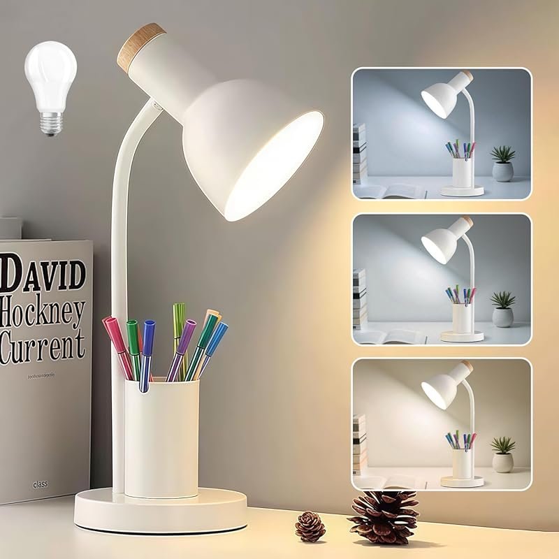LED Desk Lamp: Pen Holder, 3 Color Modes, Gooseneck, Eye-Caring for Ho