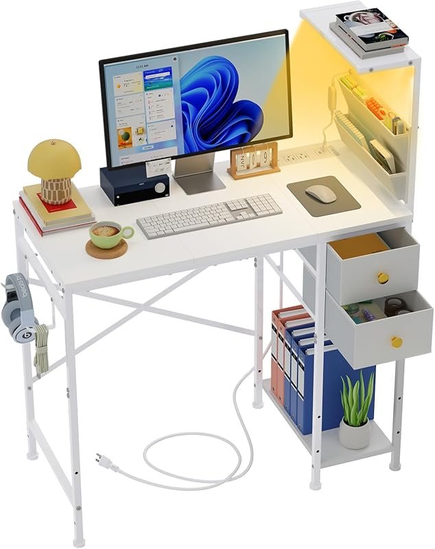 33.7-inch computer desk with power outlets, LED lights, 2 drawers, gam