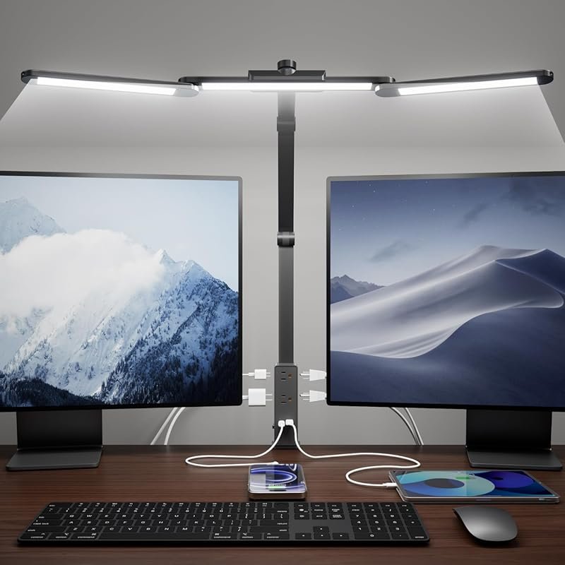 SUPERDANNY LED Desk Lamp: 6 Outlets, 1 USB, 1 Type-C, Clamp-On, Dimmin