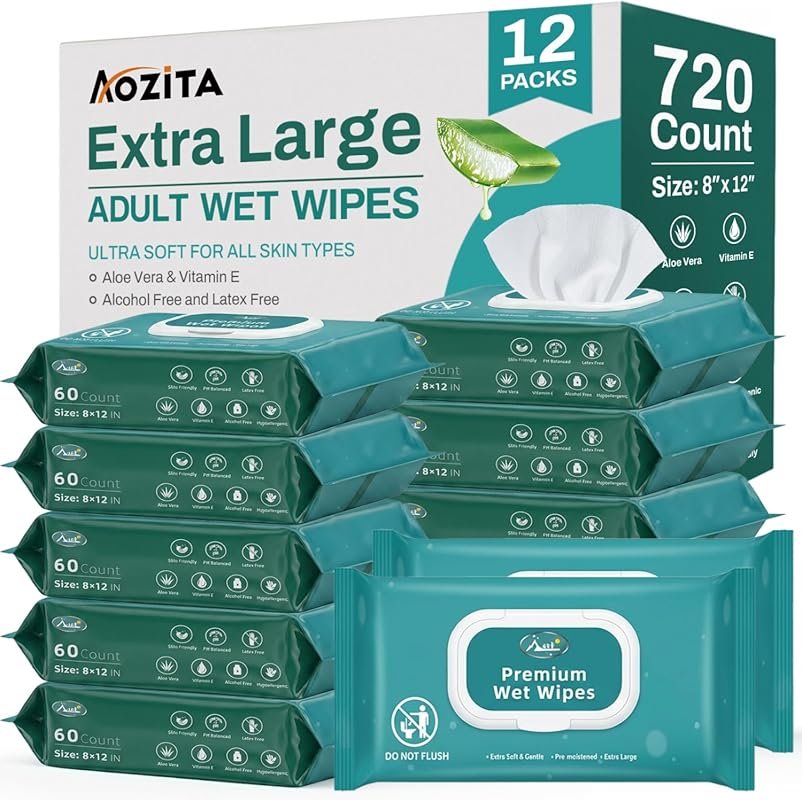 Adult Wet Wipes 720 Count, 8x12 Extra Large Disposable No-Rinse Bath W