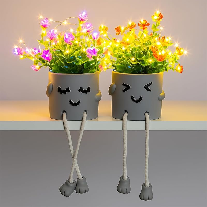 Cute Fake Plants with Flower Pots and String Lights for Desk Office Sh