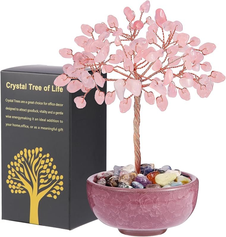 Rose Quartz Abundance Tree: Handcrafted Ceramic Base, 5 Inch Feng Shui